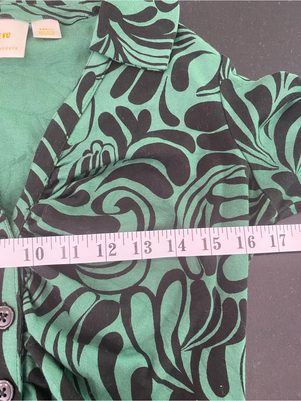 Anthroplogie Green Motif Retro Ruched Buttondown Blouse Shirt Top Long Sleeve S - Picture 6 of 11